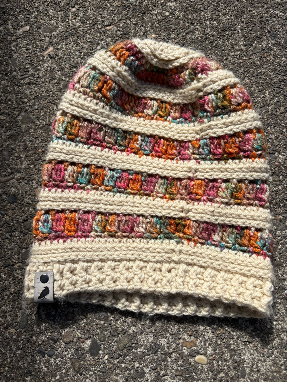 Anthropologie Cream Crochet Beanie with Multicolor Stripes